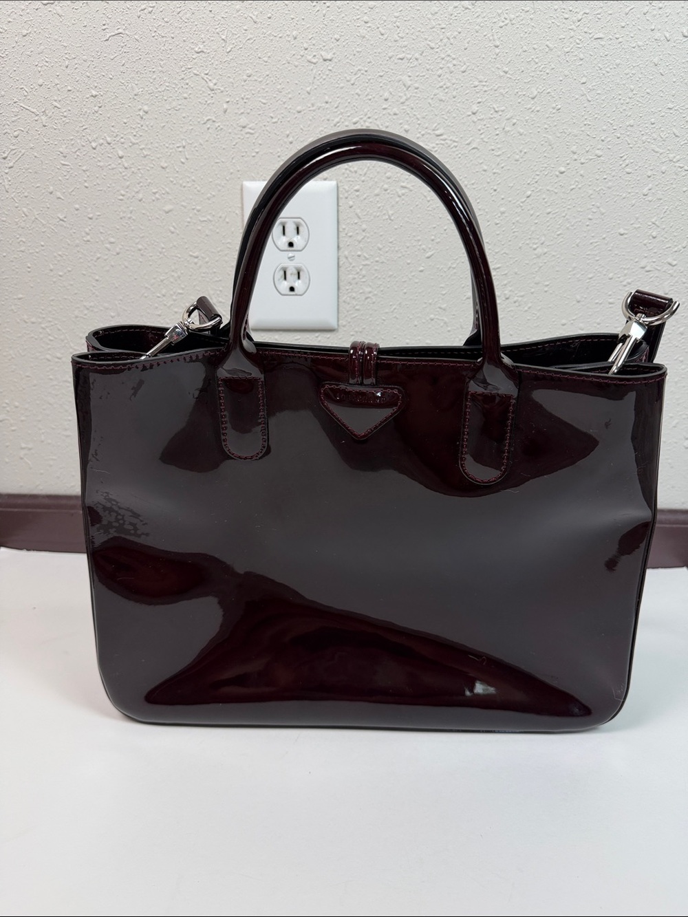 Longchamp Roseau Burgundy Patent Leather Tote Bag Designer Classic Luxury Purse - Picture 5 of 12